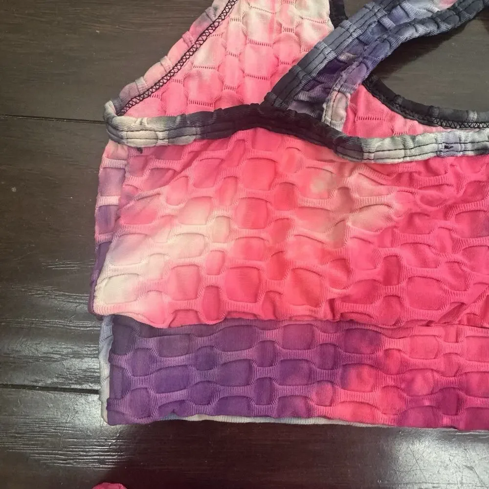 AQ-SPORT 2 Pc Matching Workout Set Sports Bra Biker Shorts Tie Dye Honeycomb M